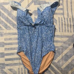 J. Crew Blue and White One Piece Swimsuit with Ruffled V-Neck